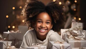 ai généré souriant africain fille en portant cadeau, célébrer Noël avec famille généré par ai photo