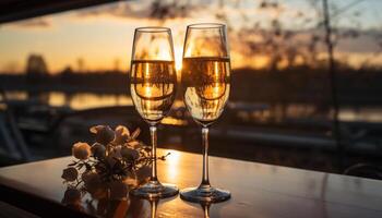 ai généré romantique coucher de soleil, Champagne flûte, aimer, nature, relaxation, luxe, fête généré par ai photo