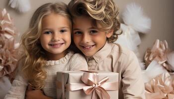 ai généré souriant mignonne enfant, cadeau de bonheur, de bonne humeur famille fête généré par ai photo