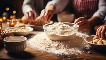 ai généré fait maison pâte, cuisson, pâtisserie, en train de préparer nourriture, sucré nourriture, fabrication biscuits généré par ai photo