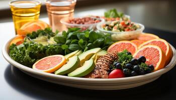 ai généré en bonne santé en mangeant Frais salade, légume et fruit repas sur assiette généré par ai photo