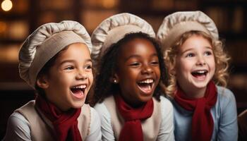 ai généré souriant enfant, bonheur, de bonne humeur les filles et garçons en jouant à l'intérieur généré par ai photo