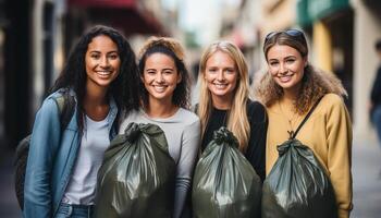 ai généré une groupe de de bonne humeur Jeune adultes souriant, profiter ville la vie généré par ai photo