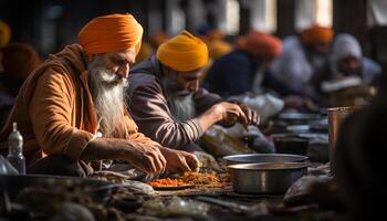 ai généré Sénior Indien Hommes travail ensemble, artisanat poterie en plein air, souriant Heureusement généré par ai photo