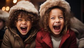 ai généré souriant enfant, de bonne humeur fille, mignonne garçons jouant, joyeux hiver fête généré par ai photo