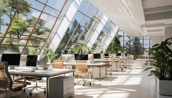 ai généré moderne Bureau avec brillant fenêtre, vide bureau, et ordinateur généré par ai photo