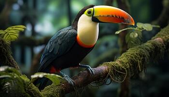 ai généré vibrant toucan se percher sur bifurquer, mettant en valeur la nature coloré beauté généré par ai photo