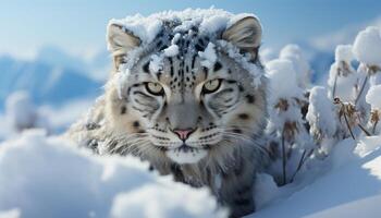 ai généré majestueux neige léopard traque, en regardant, mignonne dans hiver région sauvage généré par ai photo