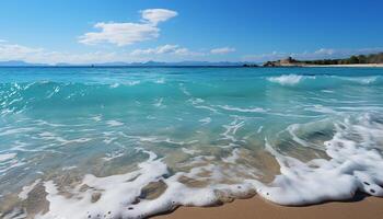 ai généré brillant bleu vague se bloque sur sablonneux plage, création tranquille scène généré par ai photo
