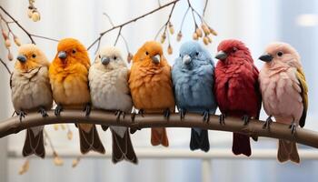 ai généré une mignonne ara se percher sur une bifurquer, vibrant plumes dans une rangée généré par ai photo