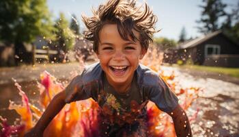 ai généré souriant enfant en jouant en plein air, éclabousser eau, profiter insouciant été généré par ai photo