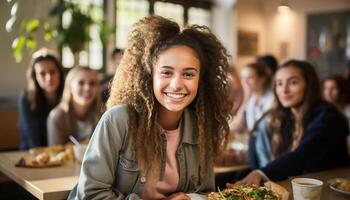 ai généré groupe de gens séance à tableau, souriant et en mangeant ensemble généré par ai photo