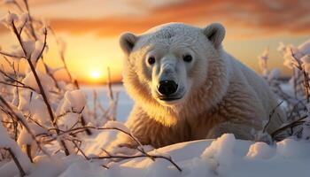 ai généré mignonne mammifère séance dans neigeux Arctique paysage, à la recherche à caméra généré par ai photo