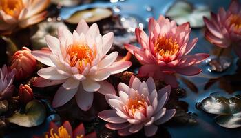 ai généré une vibrant fleur tête flotteurs sur tranquille étang l'eau généré par ai photo