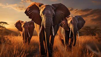 ai généré africain l'éléphant troupeau en marchant dans le le coucher du soleil sur le savane généré par ai photo