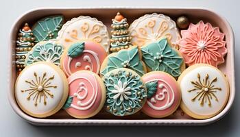 ai généré fait maison sables biscuits, décoré avec rose glaçage et Chocolat généré par ai photo