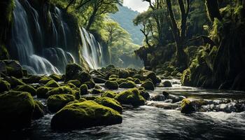 ai généré tranquille scène écoulement eau, vert forêt, majestueux montagnes, la nature beauté généré par ai photo