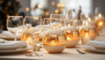 ai généré romantique aux chandelles illumine élégant tableau, verre de vin, et argenterie généré par ai photo