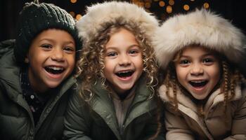 ai généré souriant enfant, de bonne humeur filles, mignonne garçons, hiver amusement en plein air généré par ai photo