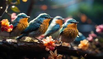 ai généré une mignonne oiseau se percher sur une bifurquer, entouré par vibrant fleurs généré par ai photo