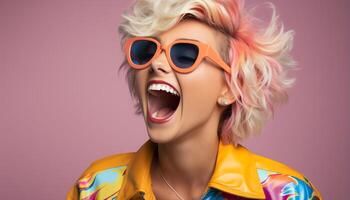 ai généré Jeune femme avec blond cheveux et des lunettes de soleil, souriant et joyeux généré par ai photo