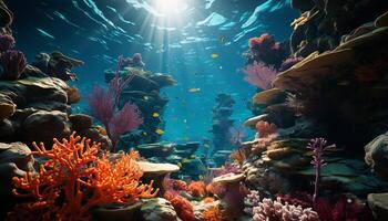 ai généré sous-marin récif poisson dans nature, multi coloré corail, Profond bleu mer généré par ai photo