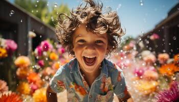 ai généré souriant enfant en plein air, de bonne humeur et content, ayant amusement dans la nature généré par ai photo