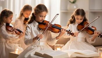 ai généré les filles en jouant violon, apprentissage, souriant, à l'intérieur, avec mignonne musicien garçons généré par ai photo