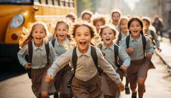 ai généré groupe de de bonne humeur école les enfants en jouant et souriant en plein air généré par ai photo