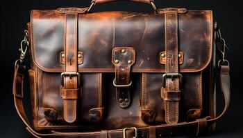 ai généré en voyageant avec un vieux cuir valise, une touristique explore Nouveau des cultures généré par ai photo