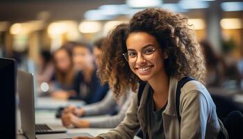 ai généré Jeune femmes en train d'étudier à l'intérieur, souriant, à la recherche à caméra, en utilisant La technologie généré par ai photo