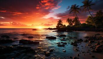 ai généré le coucher du soleil plus de le tranquille littoral, la nature beauté dans tropical paradis généré par ai photo