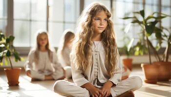 ai généré souriant caucasien fille séance à l'intérieur, entouré par de bonne humeur famille généré par ai photo