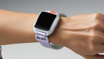ai généré Jeune adulte en portant intelligent montre, examiner numérique afficher pour soins de santé généré par ai photo