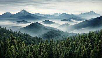 ai généré majestueux Montagne culminer, tranquille prairie, vert forêt, serein le coucher du soleil généré par ai photo