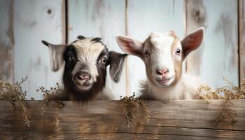 ai généré mignonne vache et chèvre à la recherche à caméra sur rustique ferme généré par ai photo