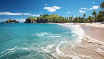 ai généré tropical littoral, turquoise des eaux, paume des arbres paradis attend généré par ai photo