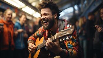 ai généré une de bonne humeur musicien en jouant guitare apporte bonheur à le étape généré par ai photo