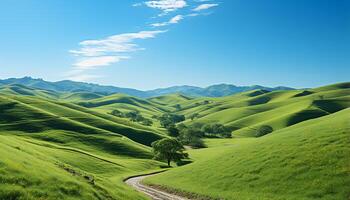 ai généré idyllique prairie, roulant paysage, vert herbe, tranquille scène, bleu ciel généré par ai photo