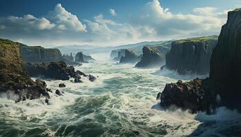 ai généré majestueux Montagne culminer, Roche falaises, vaporisateur de écoulement l'eau généré par ai photo