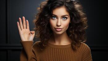 ai généré magnifique femme avec frisé marron cheveux à la recherche à caméra, souriant généré par ai photo