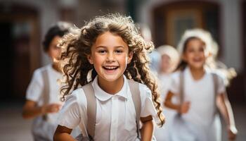 ai généré souriant école les enfants permanent ensemble, profiter espiègle intérieur éducation généré par ai photo