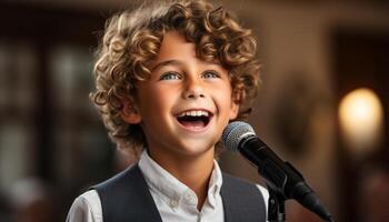 ai généré souriant enfant en chantant, joyeux interprète captivant public avec la musique généré par ai photo