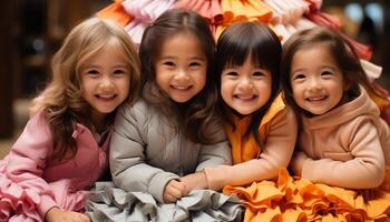 ai généré souriant filles, mignonne garçons, de bonne humeur enfance à l'intérieur, caucasien et chinois l'ethnie généré par ai photo