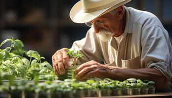 ai généré un mature homme, expert dans agriculture, travail sur biologique agriculture généré par ai photo