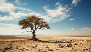 ai généré silhouette de acacia arbre sur aride le sable dune, éloigné beauté généré par ai photo