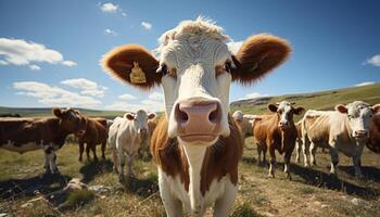 ai généré vaches pâturage dans vert prairie, en dessous de le été Soleil généré par ai photo