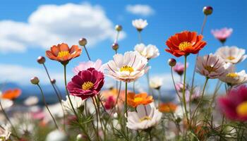 ai généré vibrant prairie, Frais fleurs, la nature beauté dans été le coucher du soleil généré par ai photo