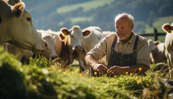 ai généré une agriculteur dans le prairie, entouré par bétail, travail en plein air généré par ai photo