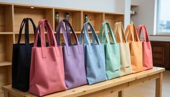 ai généré grand multi coloré achats sac dans une boutique porter mode collection généré par ai photo